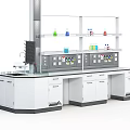 Modern Laboratory Setup With Lab Bench Shelves Colorful Bottles And Cabinets