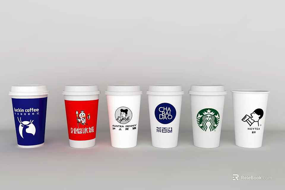 Various Branded Coffee Cups With Different Logos And Designs On 3d model 