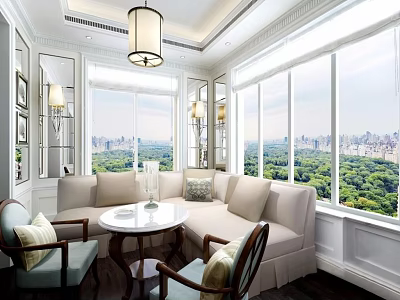 Villa Balcony With Cozy Seating Round Coffee Table City Green Views Pendant Light Mirror Decor 3d model