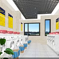 Laundry Room Interior With Washing Machines Pink Sinks Yellow Posters Windows Blue Stools And Plants