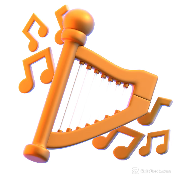 Vibrant Orange Harp Surrounded By Floating Musical Notes In Playful Design 3d model 