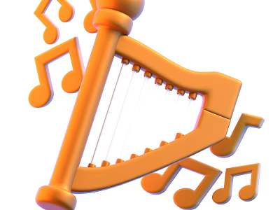 Vibrant Orange Harp Surrounded By Floating Musical Notes In Playful Design 3d model