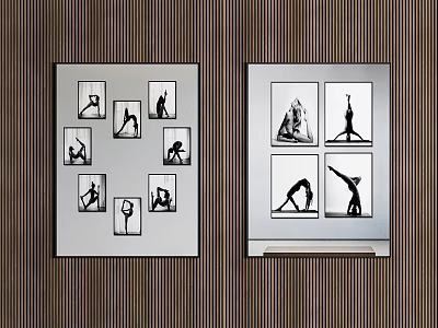 Multiple Black And White Yoga Pose Silhouette Figure Paintings Displayed On Two Panels 3d model