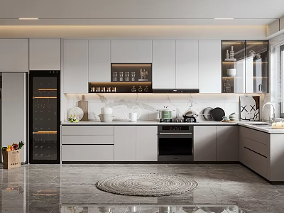 Modern Kitchen Interior Design With Gray Cabinets Island Counter And Appliances 3d model