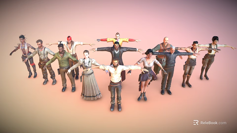 Diverse Characters In Various Costumes Stretching Arms Standing On Gradient Pink Orange Background 3d model 