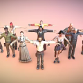 Diverse Characters In Various Costumes Stretching Arms Standing On Gradient Pink Orange Background
