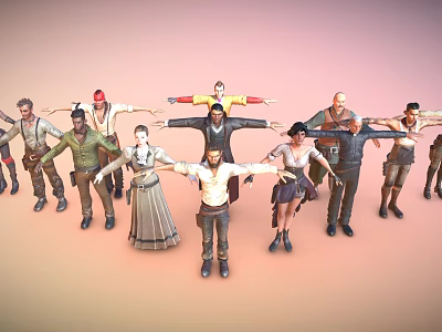 Diverse Characters In Various Costumes Stretching Arms Standing On Gradient Pink Orange Background 3d model