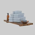 Soft Blue Bathroom Set With Stacked Towels Wooden Tray Soap And Perfume Bottle