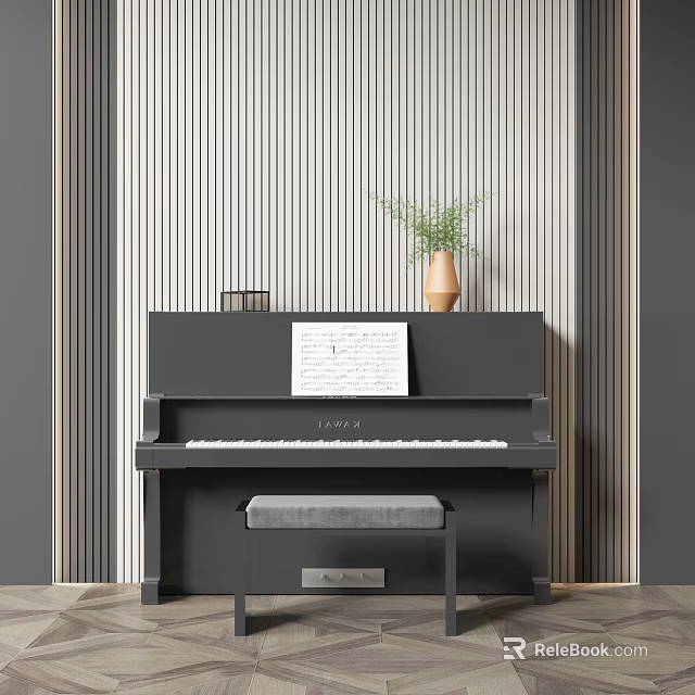 Elegant Musical Instrument Piano With Music Sheet Vase Green Plant And Striped Wallpaper 3d model 