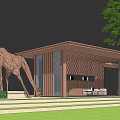 Modern Wooden Pergola With Lattice Design And Giraffe Sculpture Near Lawn And Swimming Pool