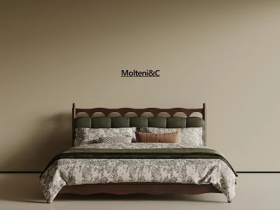 Double Bed With Curved Headboard Gray Brown Pillows And Floral Bedspread On Beige Wall Molteni&C 3d model
