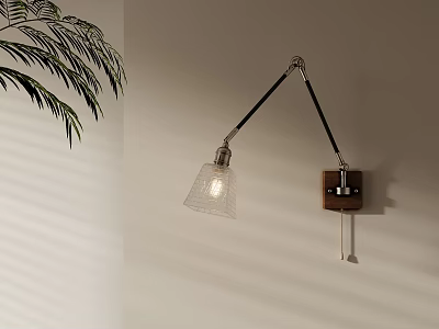 Contemporary Adjustable Wall Sconce with Black Arm Wooden Base Glass Shade and Green Plant Shadow 3d model