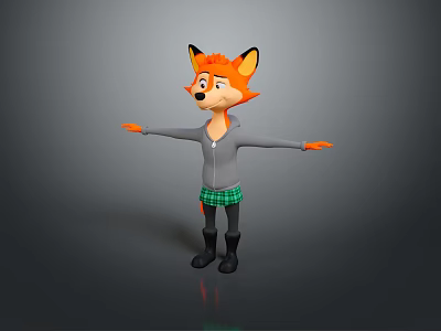 Cartoon Fox Game Character With Grey Hoodie Green Plaid Skirt And Black Boots 3d model