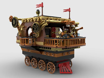Building Blocks Steampunk Ship Model with Wheels Flags Gears and Wooden Deck Railing 3d model