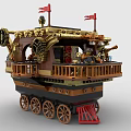 Building Blocks Steampunk Ship Model with Wheels Flags Gears and Wooden Deck Railing