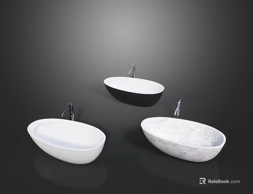 Three Different Bathtubs In White Black And Marble Finish With Faucets 3d model 