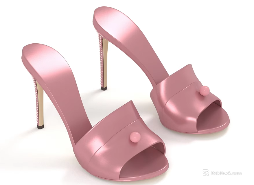 Pink High Heel Open Toe Mules With Sleek Metallic Heel And Decorative Button 3d model 