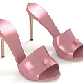 Pink High Heel Open Toe Mules With Sleek Metallic Heel And Decorative Button