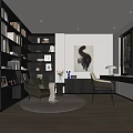 Modern Study Room Interior With Bookshelves Books Armchair Round Rug Desk Lamp And Large Window