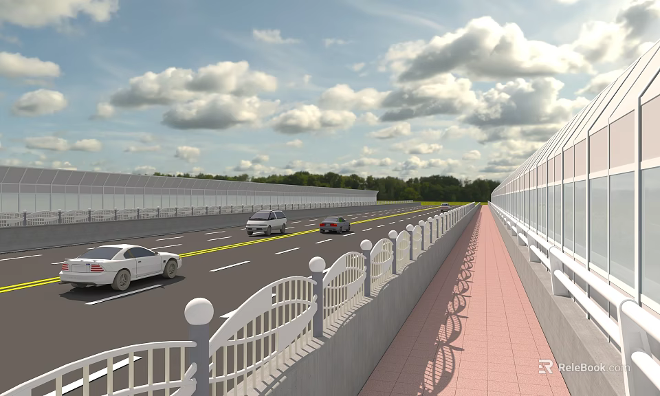 Road Infrastructure with Multi Lane Road White Guardrails Red Brick Pedestrian Walkway and Cars 3d model 