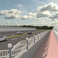 Road Infrastructure with Multi Lane Road White Guardrails Red Brick Pedestrian Walkway and Cars