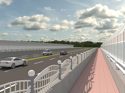 Road Infrastructure with Multi Lane Road White Guardrails Red Brick Pedestrian Walkway and Cars 3d model