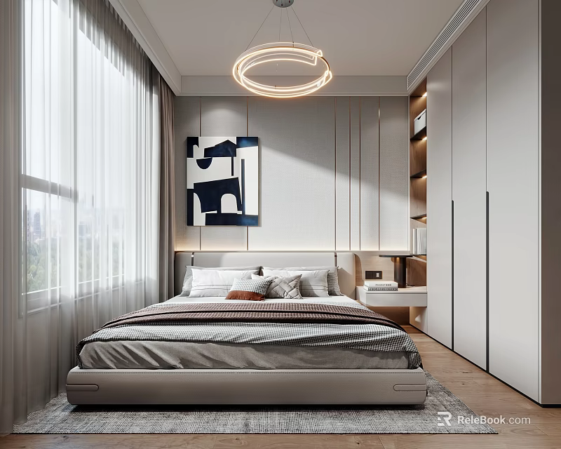 Modern Minimalist Bedroom Interior With Round Pendant Light Built in Wardrobe And Abstract Painting 3d model 