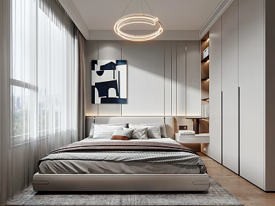 Modern Minimalist Bedroom Interior With Round Pendant Light Built in Wardrobe And Abstract Painting 3d model