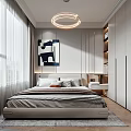 Modern Minimalist Bedroom Interior With Round Pendant Light Built in Wardrobe And Abstract Painting