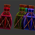Colorful Decorative Bottles With Red Blue Green Purple Bodies Orange Net Design And Red Caps
