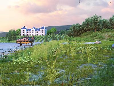 Grassland Scene With Truck Near White Building Blue Roof Trees Mountains And Pink Cloud Sky 3d model