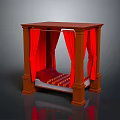 Wooden Four Poster Bed With Red Curtains And Red Gold Patterned Mattress