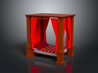 Wooden Four Poster Bed With Red Curtains And Red Gold Patterned Mattress 3d model