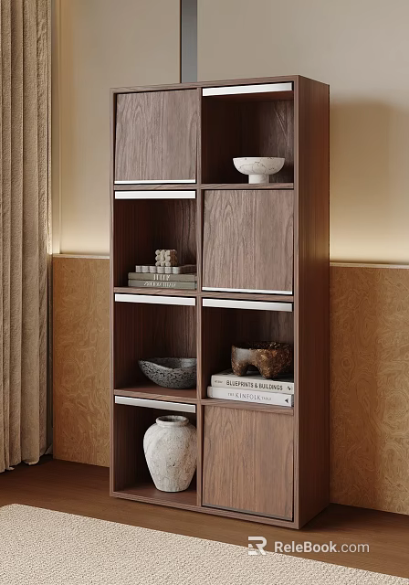 Modern Walnut Wood Bookcase With Open Shelves Holding Decorative Bowls Books And Vases 3d model 