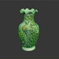 White Ceramic Vase with Peacock and Floral Patterns Golden Blue Accents Ruffled Rim