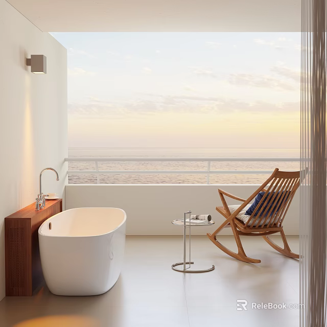 Modern Minimalist Bathroom With Ocean View Bathtub And Rocking Chair 3d model 