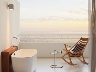 Modern Minimalist Bathroom With Ocean View Bathtub And Rocking Chair 3d model