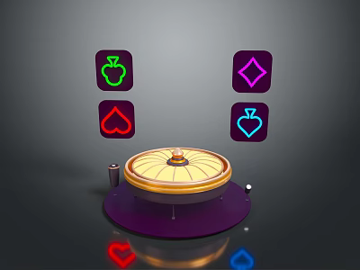 Roulette Wheel With Neon Playing Card Symbols And Colorful Illuminated Signs 3d model