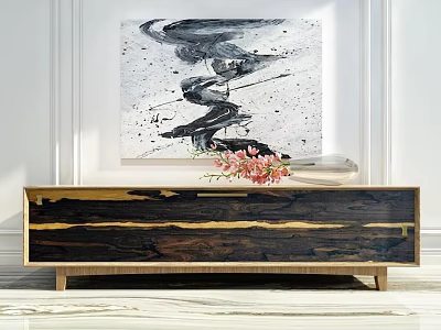 Modern Wooden TV Stand With Striped Design Pink Flowers Books And Abstract Painting 3d model