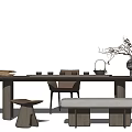 Modern Wooden Tea Table And Chairs Set With Stools And Tea Decorations 3d model