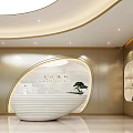 Elegant Store Front Desk Interior Design With Round Ceiling Lights Marble Floor And Seating Area