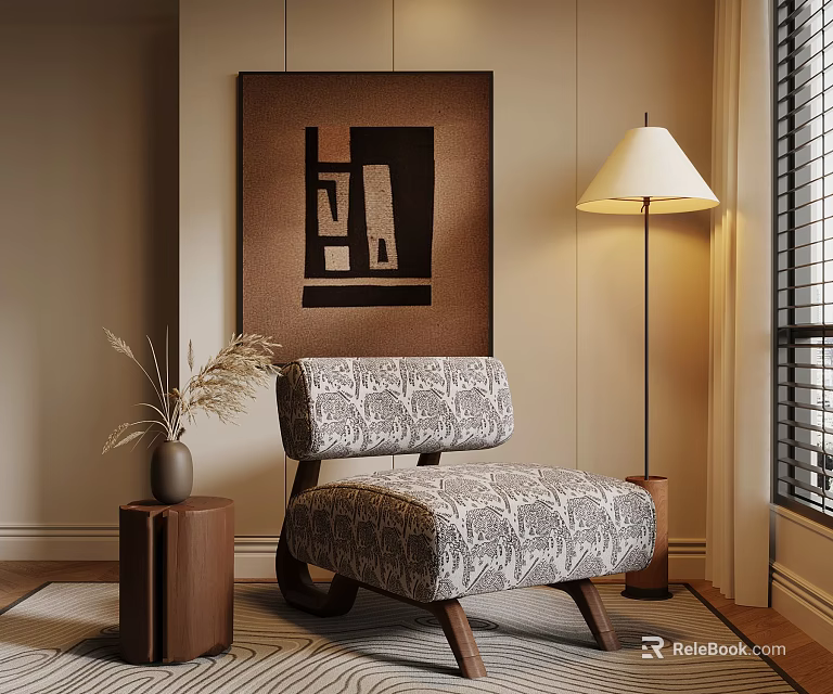 Stylish Interior With Patterned Accent Chair Floor Lamp Vase And Abstract Art 3d model 