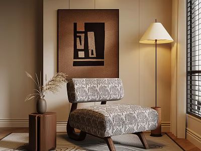 Stylish Interior With Patterned Accent Chair Floor Lamp Vase And Abstract Art 3d model