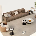 Modern Beige Sofa Coffee Table Set With Potted Palm Plants Floor Lamp And Gray Rug