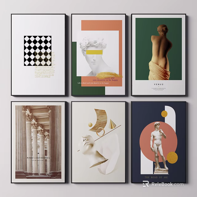 Modern Art Decorative Posters With Geometric Patterns Classical Statues And Abstract Designs 3d model