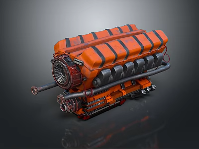 Orange High Performance Engine With Multiple Cylinders Turbine And Exhaust Pipes 3d model