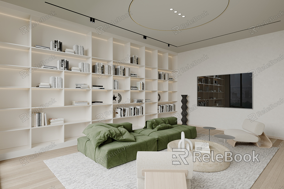 Modern Living Room Home Living Room Multi-person Sofa Single-person Sofa Leisure Chair Hole Stone Coffee Table Combination Bookcase model