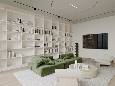 Minimalist Living Room Interior With White Bookshelves Green Sofa TV Wall And Round Coffee Table 3d model