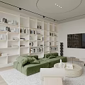 Minimalist Living Room Interior With White Bookshelves Green Sofa TV Wall And Round Coffee Table