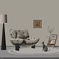 Zebra Print Leisure Chair With Floor Lamp Wall Painting Plant Trolley And Cat Figurine